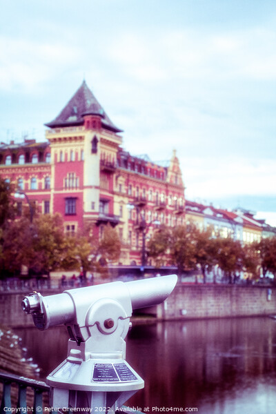 Public Pay Telescope Over The River Vltava In Prague, Czech Repu Picture Board by Peter Greenway