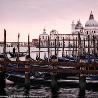 Buy canvas prints of Moored Gondolas At St Marks Square In Venice At Sunset by Peter Greenway