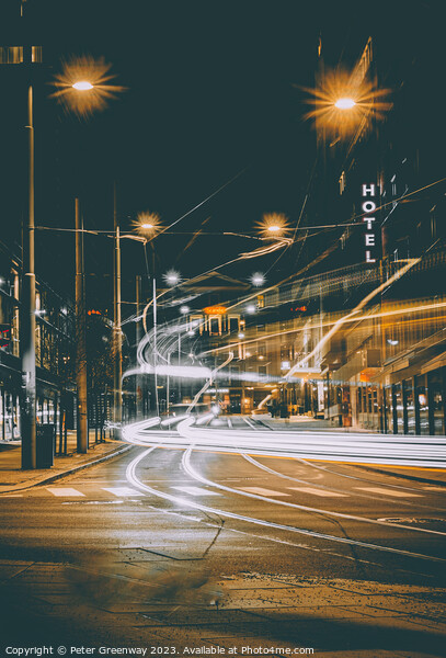 Tram & Traffic Light Trails Through Oslo City Centre Picture Board by Peter Greenway