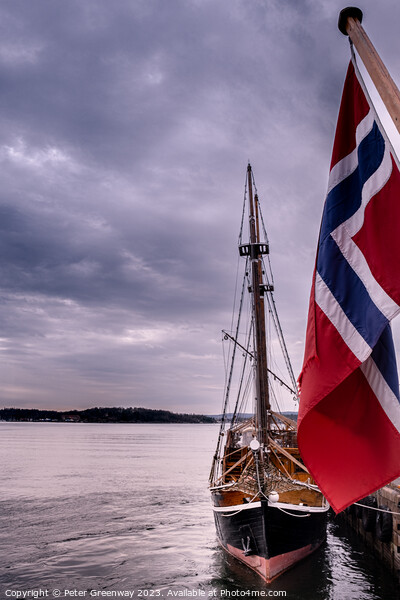Schooner Fishing Sail Boat & The Norwegian Flag In Oslo Harbour Picture Board by Peter Greenway