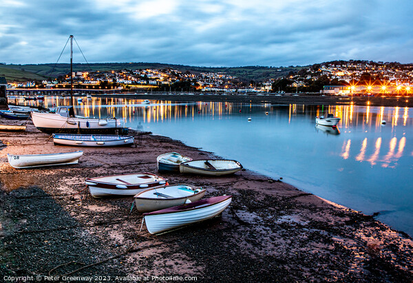 Rowing Gigs Moored On Shaldon Beach At Low Tide Du Picture Board by Peter Greenway