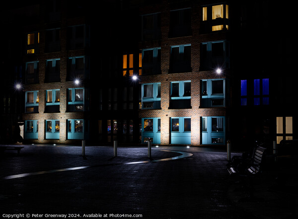 Seating Outside Illuminated Apartments At The Historic Docks At  Picture Board by Peter Greenway