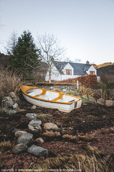 Rowing Boat Beached At Ratagan Beach In The Scottish Highlands Picture Board by Peter Greenway