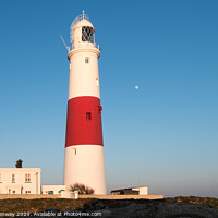 Buy canvas prints of The Moon Behind The Iconic Lighthouse At Portland Bill, Dorset At Sunset by Peter Greenway
