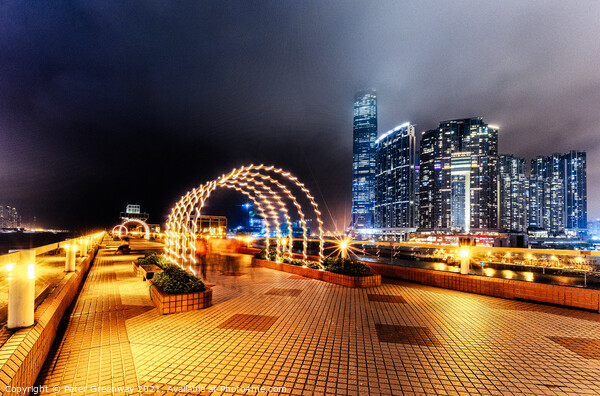 Illuminated Arches & Skyline Around Kowloon Harbour, Hong Kong Picture Board by Peter Greenway