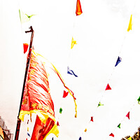 Buy canvas prints of Colourful Festival Flags On Chung Chau Island, Hong Kong by Peter Greenway