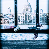 Buy canvas prints of Lovers Padlocks On Railings Riverside By Millennium Bridge by Peter Greenway