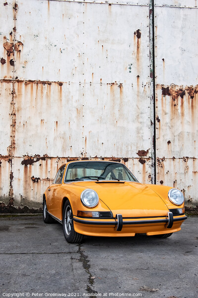 Classic Orange Porsche 911 Outside Rusted Hanger Doors Picture Board by Peter Greenway