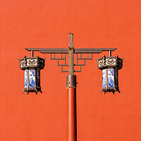 Buy canvas prints of Old traditional porcelain lanterns in front of a red wall in Beijing, China by Mirko Kuzmanovic