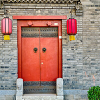 Buy canvas prints of Traditional Hutong alley in Beijing, China, Vintage door with red lanterns by Mirko Kuzmanovic