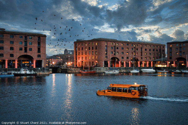 Albert Dock Liverpool at dusk with a yellow Duck M Picture Board by Stuart Chard