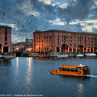 Buy canvas prints of Albert Dock Liverpool at dusk with a yellow Duck M by Stuart Chard