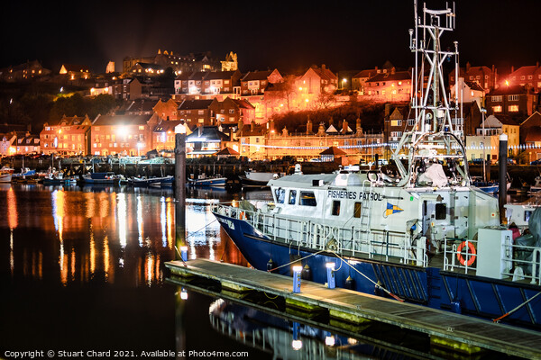 Whitby Harbour Fisheries Patrol Boat at night Picture Board by Travel and Pixels 