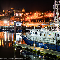 Buy canvas prints of Whitby Harbour Fisheries Patrol Boat at night by Stuart Chard