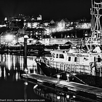Buy canvas prints of Black and white photograph of Whitby harbour at ni by Stuart Chard