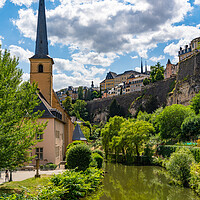 Buy canvas prints of Neumünster Abbey, surrounded by Alzette river, in the Grund district of Luxembourg City by Chun Ju Wu