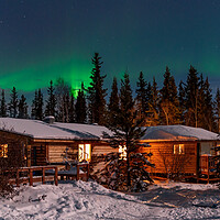 Buy canvas prints of Panorama of Aurora Borealis, Northern Lights, over aboriginal wooden cabin at Yellowknife, Northwest Territories, Canada by Chun Ju Wu