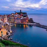 Buy canvas prints of Sunset view of Vernazza, one of the five Mediterranean villages in Cinque Terre, Italy, famous for its colorful houses and harbor by Chun Ju Wu