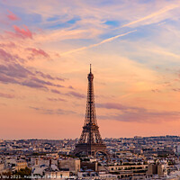 Buy canvas prints of Eiffel Tower at sunset time with colorful sky and clouds, Paris, France by Chun Ju Wu