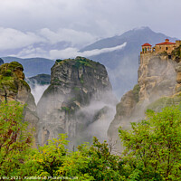 Buy canvas prints of Monastery of Varlaam in the fog, the second largest Eastern Orthodox monastery in Meteora, Greece by Chun Ju Wu