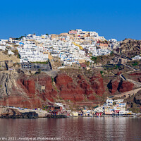 Buy canvas prints of View of the white buildings of Oia village from Aegean Sea, Santorini, Greece by Chun Ju Wu