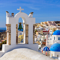Buy canvas prints of Blue domed church and bell tower facing Aegean Sea in Oia, Santorini, Greece by Chun Ju Wu