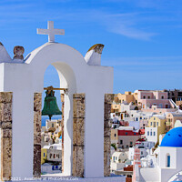 Buy canvas prints of Blue domed church and bell tower facing Aegean Sea in Oia, Santorini, Greece by Chun Ju Wu