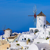 Buy canvas prints of Windmill and traditional white buildings facing Aegean Sea in Oia, Santorini, Greece by Chun Ju Wu