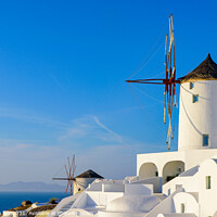 Buy canvas prints of Windmill and traditional white buildings facing Aegean Sea in Oia, Santorini, Greece by Chun Ju Wu