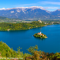 Buy canvas prints of Aerial view of Bled Island and Lake Bled from Osojnica Hill, a popular tourist destination in Slovenia by Chun Ju Wu