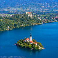 Buy canvas prints of Aerial view of Bled Island and Lake Bled from Osojnica Hill, a popular tourist destination in Slovenia by Chun Ju Wu