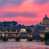 Buy canvas prints of Sunset view of St. Peter's Basilica, Ponte Sant'Angelo, and Tiber River in Rome, Italy by Chun Ju Wu