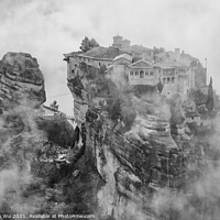 Buy canvas prints of Monastery of Varlaam in the fog, the second largest Eastern Orthodox monastery in Meteora, Greece (black & white) by Chun Ju Wu