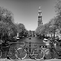 Buy canvas prints of Bikes on the bridge that crosses the canal in Amsterdam, Netherlands (black & white) by Chun Ju Wu