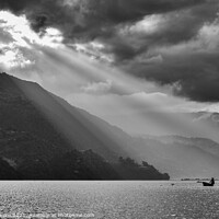 Buy canvas prints of Heaven light at Fewa Lake, Pokhara, Nepal (black and white) by Chun Ju Wu