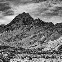 Buy canvas prints of Mount Cook and Hooker Glacier, end of Hooker Valley Track, Mount Cook National Park, New Zealand (black and white) by Chun Ju Wu