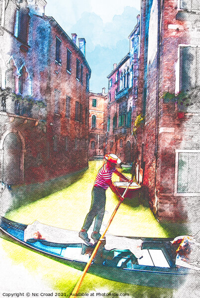 Venetian Gondolier Watercolour Sketch Picture Board by Nic Croad