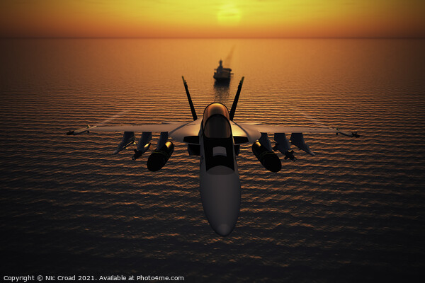 F/A-18 Super Hornet and aircraft carrier at sunset Picture Board by Nic Croad