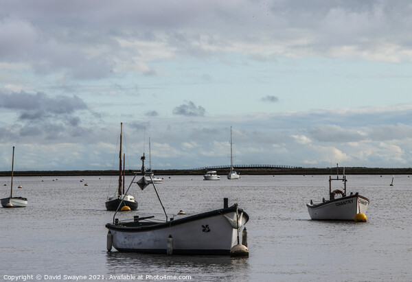 Boats anchored in Orford Harbour Picture Board by David Swayne