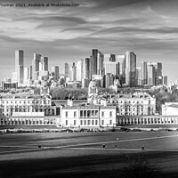 Buy canvas prints of Canary Wharf and Greenwich Naval College in monochrome by Jules D Truman