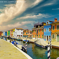 Buy canvas prints of Burano coloured houses along the canal, Venice, Italy  by Jules D Truman
