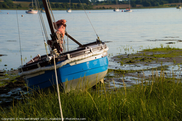 small boat at low tide manningtree essex Picture Board by Michael bryant Tiptopimage