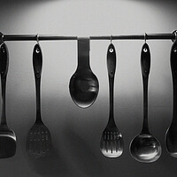 Buy canvas prints of Kitchen utensils in black and white  by Michael bryant Tiptopimage