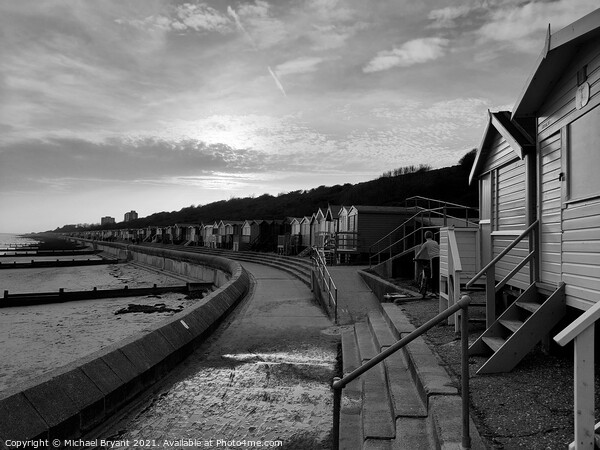 Beach huts frinton in black and white Picture Board by Michael bryant Tiptopimage