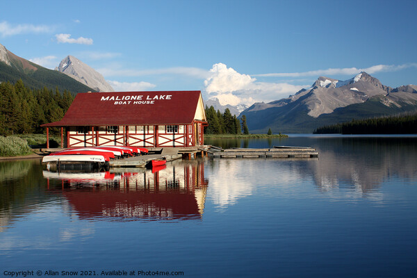 Maligne Lake Boat House, Alberta, Canada Picture Board by Allan Snow