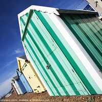 Buy canvas prints of Green Striped Beach Hut at Felixstowe by Mark Sunderland