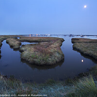 Buy canvas prints of Moonrise over Slaughden Quay from Aldeburgh Marshes by Mark Sunderland