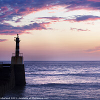 Buy canvas prints of Amble Harbour Light at Sunrise by Mark Sunderland