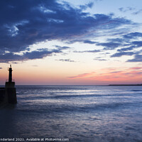 Buy canvas prints of Amble Harbour Light and Coquet Island at Dawn by Mark Sunderland