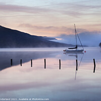Buy canvas prints of Yacht Moored on Coniston Water at Dawn by Mark Sunderland